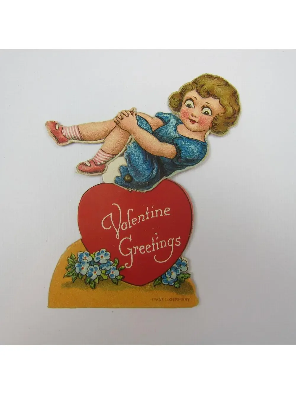 Vintage Valentine Card Mechanical Girl in Blue Dress Sits Red Heart Body Moves